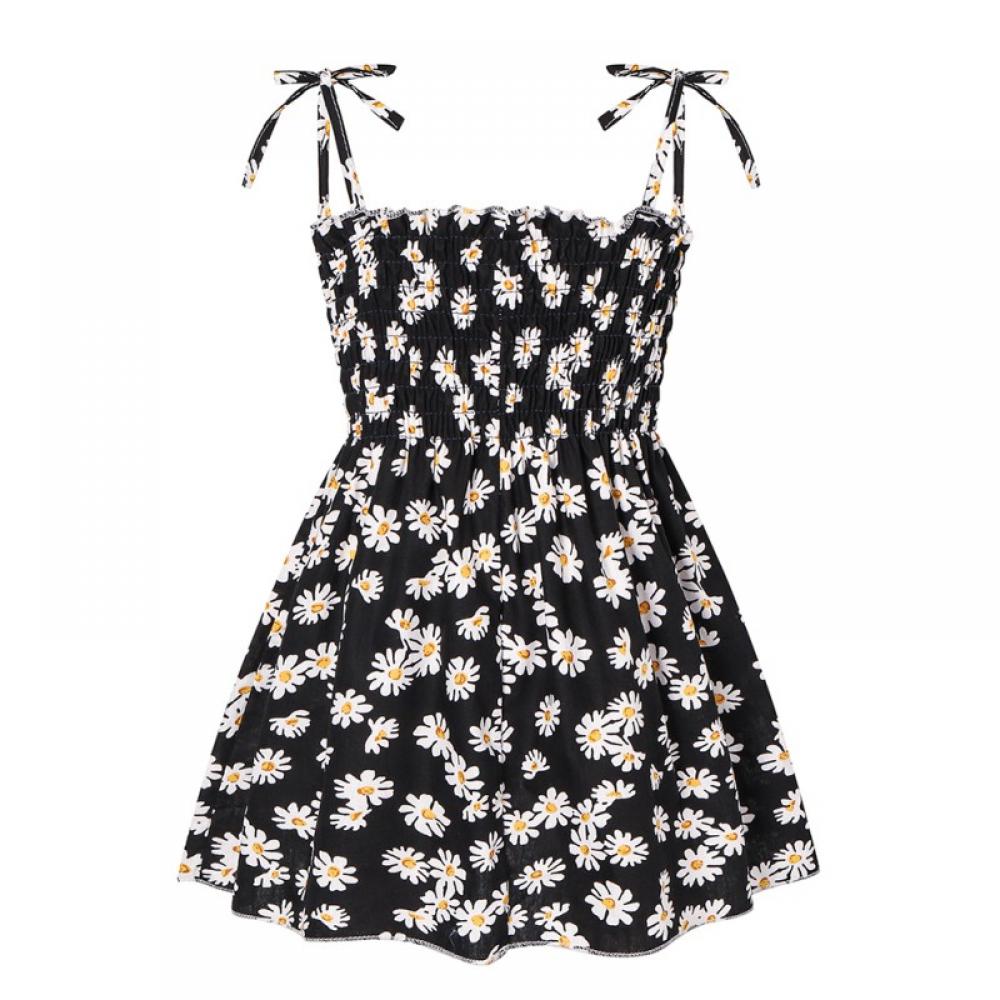 Girls Summer Small Daisy Sleeveless Floral Dress Suspender Skirt Shoulder Straps Adjustable Dress